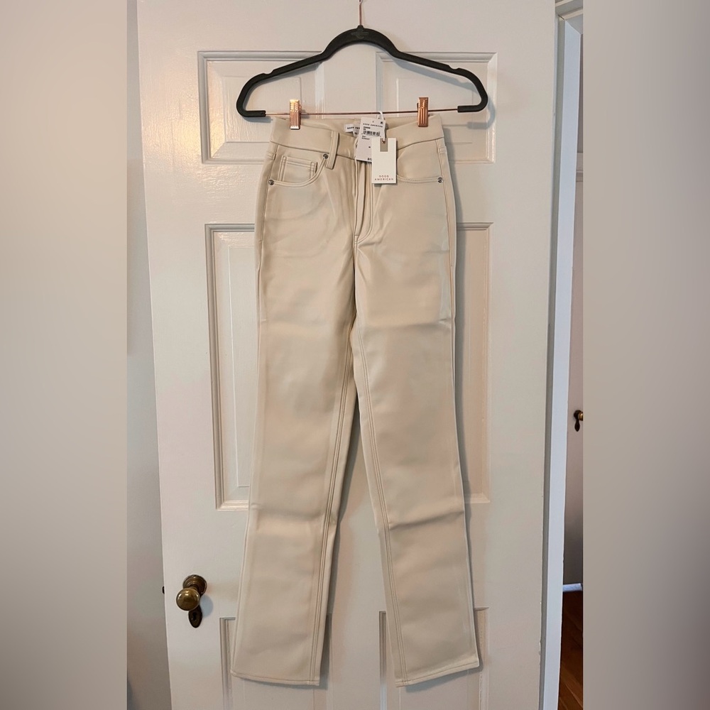 NWT Good American Good Icon Faux Leather pants in bone size 24